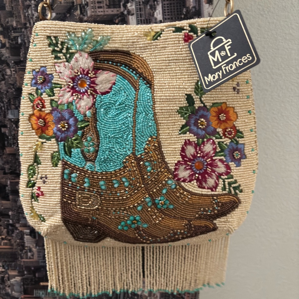 Mary Frances Beaded Boot and Floral Crossbody Bag - Turquoise and Brown
